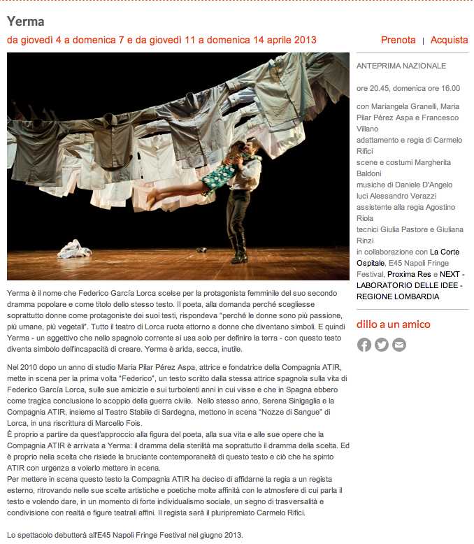 Yerma de Lorca . Teatro Ringhiera