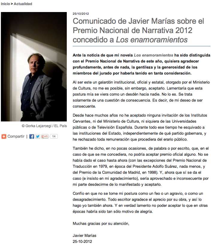 Alfaguara Javier Marías rechaza premio 2