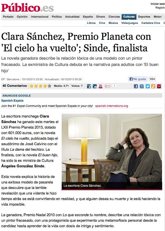 Premio Planeta 2013 Clara Sanchez Publico